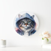 Waterverf Kunstwerk Tabby Cat in een Hoodie Splatt Grote Klok (Huis)