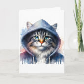 Waterverf Kunstwerk Tabby Cat in een Hoodie Splatt Kaart (Voorkant)
