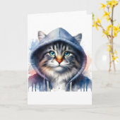 Waterverf Kunstwerk Tabby Cat in een Hoodie Splatt Kaart (Gele Bloem)