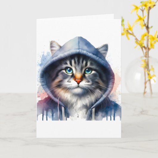 Waterverf Kunstwerk Tabby Cat in een Hoodie Splatt Kaart (Gele Bloem)