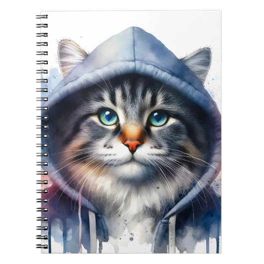 Waterverf Kunstwerk Tabby Cat in een Hoodie Splatt Notitieboek (Voorkant)