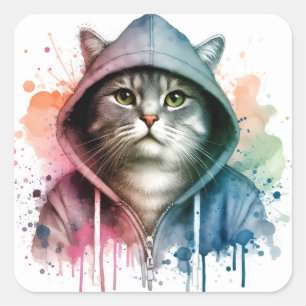 Waterverf Kunstwerk Tabby Cat in een Hoodie Splatt Vierkante Sticker