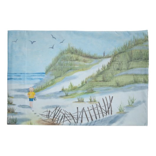 Waterverf kunstwerk van kind op een strand kussensloop (Achterkant-Links)