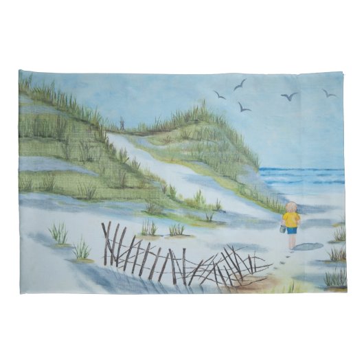 Waterverf kunstwerk van kind op een strand kussensloop (Achterkant-Rechts)