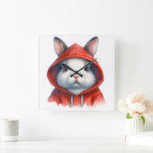 Waterverf Kunstwerk Wit Konijn in een Rode Hoodie Vierkante Klok (Huis)