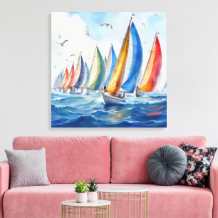 Waterverf kunstwerk zeilboot regatta canvas afdruk