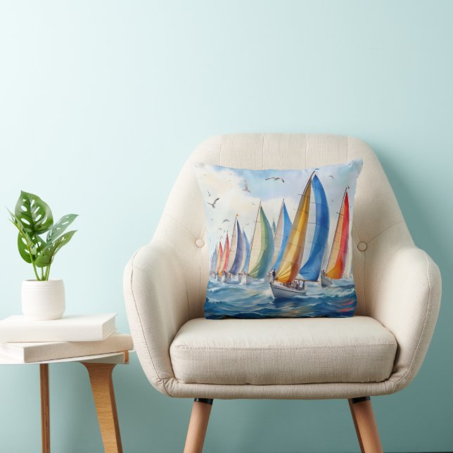 Waterverf kunstwerk zeilboot regatta kussen (Stoel)