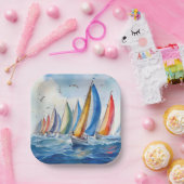 Waterverf kunstwerk zeilboot regatta papieren bordje (Feest)