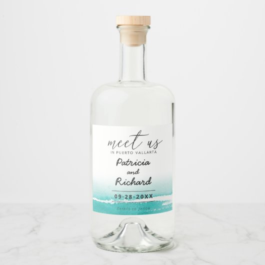 Waterverf Kust Bruiloft Save The Date Likeurfles Etiket (Voorkant)
