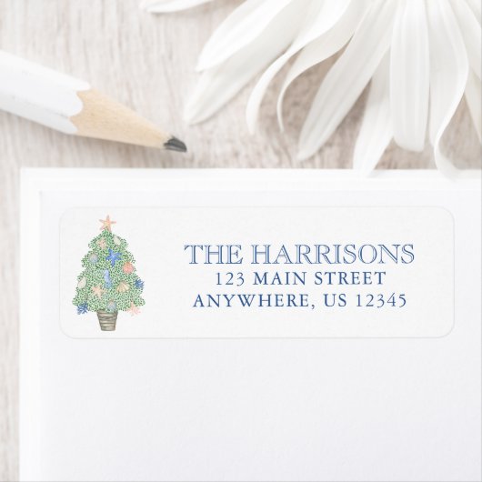 Waterverf kust kerstboom adres etiket (Insitu)