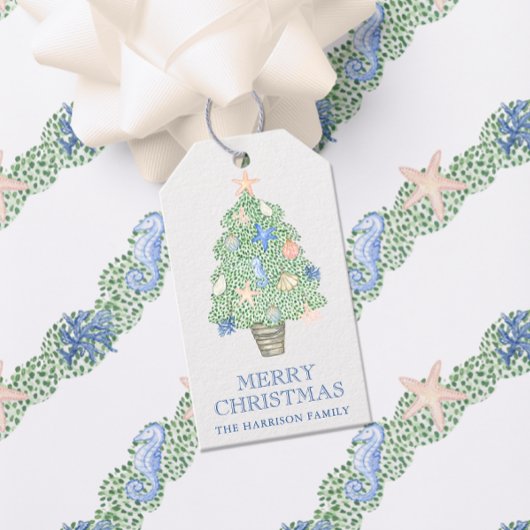 Waterverf kust kerstboom cadeaulabel
