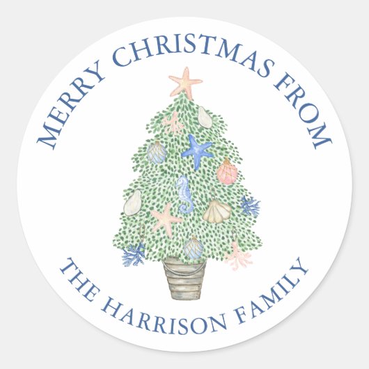 Waterverf Kust Kerstboom Gift Ronde Sticker (Voorkant)