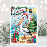 Waterverf Kust Pelikaan Kerst Kaart<br><div class="desc">Schattigee waterverf Pelikaan Vrolijke kerstkaart met een leuke pelikaan versierd met kerstdecor,  cadeaus en een kerstboom. Personaliseer met uw begroetingstekst.</div>