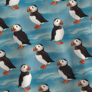 Waterverf Kust Puffin op Blauwe Oceaangolven Stof