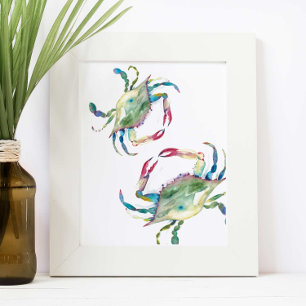 Waterverf Kustblauwe krab Beach House Poster
