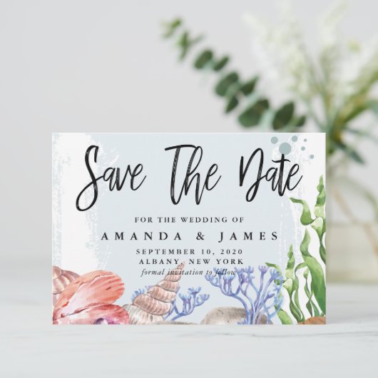 Waterverf kustbruiloft save the date (Staand voorkant)