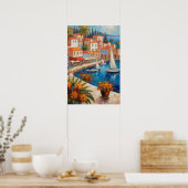 Waterverf kustdorp met bloemenzeilboot poster (Keuken)