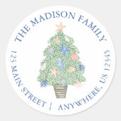 Waterverf kustkerstboom retouradres ronde sticker (Voorkant)