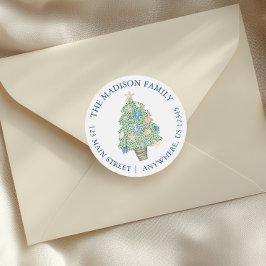 Waterverf kustkerstboom retouradres ronde sticker