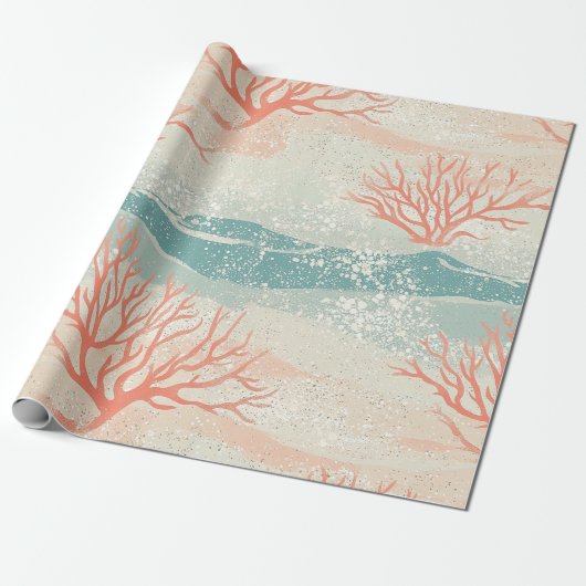 Waterverf Kustkoraal & Zee Schelp Golven (5) Cadeaupapier (Uitgerold)