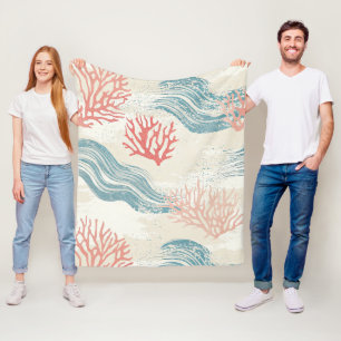 Waterverf Kustkoraal & Zee Schelpen Golven (7) Fleece Deken