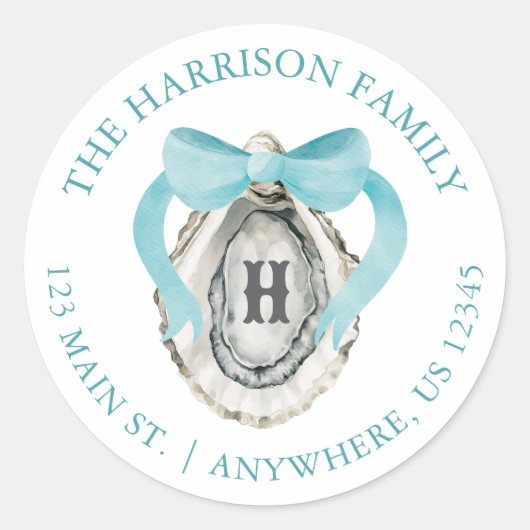 Waterverf Kustoester Oyster Bow Monogram Adres Ronde Sticker (Voorkant)