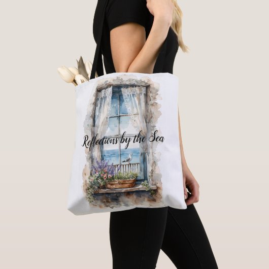 Waterverf Kustscene met Zeezicht uit het Raam Tote Bag (Dichtbij)