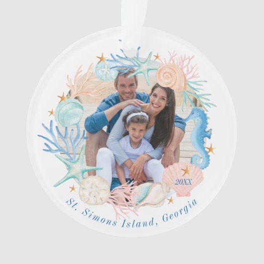 Waterverf kustzee Seashell Wreatfoto Ornament (voorkant)