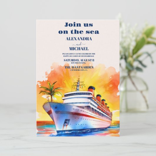 Waterverf Kustzeegezicht Strand Cruise Bruiloft Kaart (Staand voorkant)