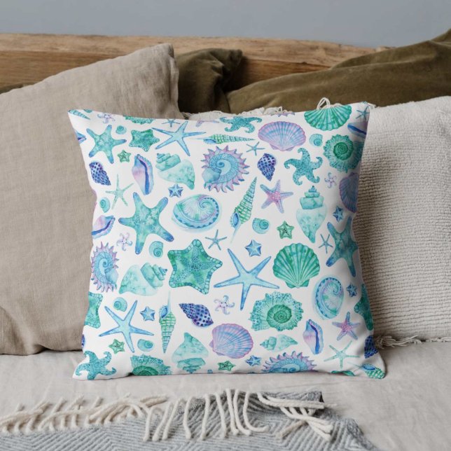 Waterverf Kustzeeschelpen en zeesterren Kussen (Watercolor Coastal Sea Shells and Starfish Throw Pillow)