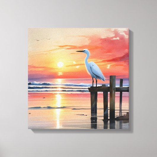 Waterverf Kustzonsopgang met Egret Canvas Afdruk (Voorkant)