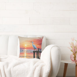 Waterverf Kustzonsopgang met Egret Kussen