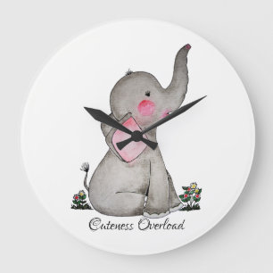Waterverf Kute Baby Elephant met Blush & Flowers Grote Klok