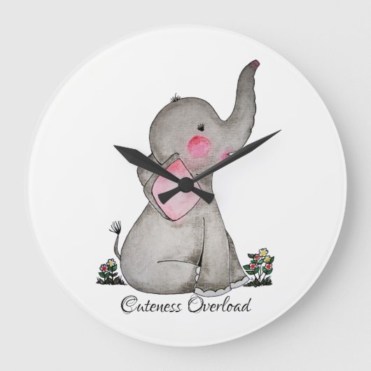 Waterverf Kute Baby Elephant met Blush & Flowers Grote Klok (Voorkant)