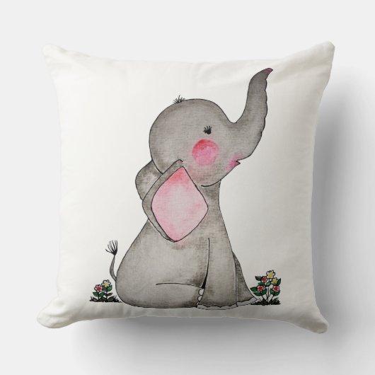 Waterverf Kute Baby Elephant met Blush & Flowers Kussen (Voorkant)