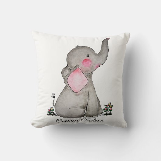 Waterverf Kute Baby Elephant met Blush & Flowers Kussen (Voorkant)