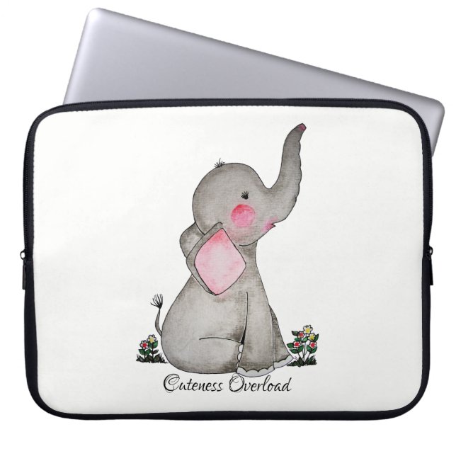 Waterverf Kute Baby Elephant met Blush & Flowers Laptop Sleeve (Voorkant)
