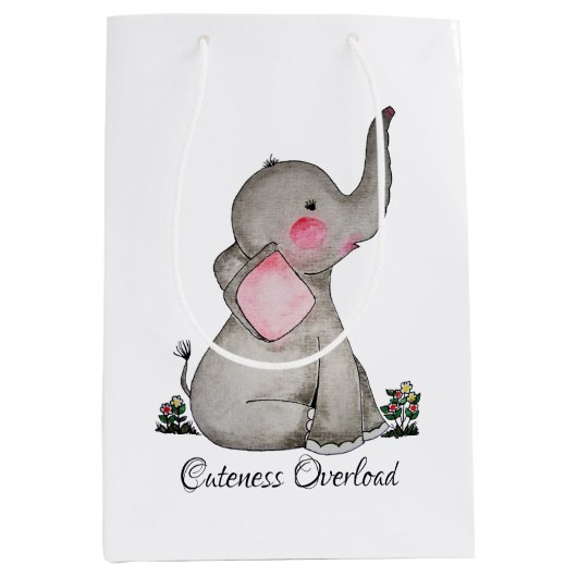 Waterverf Kute Baby Elephant met Blush & Flowers Medium Cadeauzakje (Voorkant)