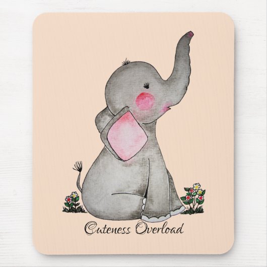 Waterverf Kute Baby Elephant met Blush & Flowers Muismat (Voorkant)