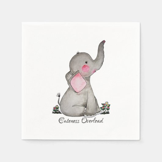 Waterverf Kute Baby Elephant met Blush & Flowers Servet (Voorkant)