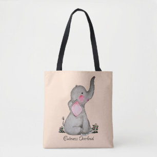 Waterverf Kute Baby Elephant met Blush & Flowers Tote Bag