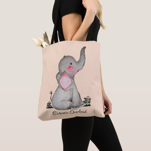 Waterverf Kute Baby Elephant met Blush & Flowers Tote Bag (Dichtbij)