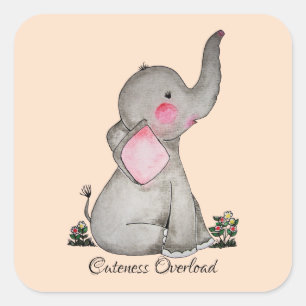 Waterverf Kute Baby Elephant met Blush & Flowers Vierkante Sticker