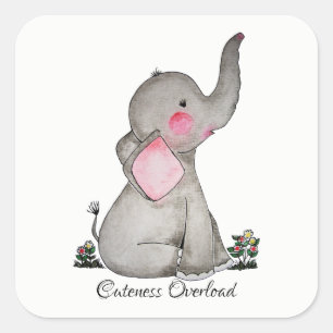 Waterverf Kute Baby Elephant met Blush & Flowers Vierkante Sticker