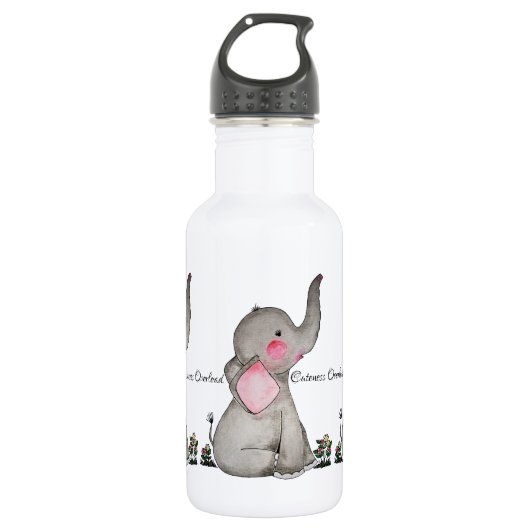 Waterverf Kute Baby Elephant met Blush & Flowers Waterfles (Voorkant)