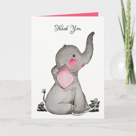 Waterverf Kute Baby Lephant met blozen en bloemen Bedankkaart (Voorkant)