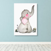 Waterverf Kute Baby Lephant met blozen en bloemen Canvas Afdruk (Insitu (Houten vloer))
