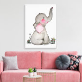 Waterverf Kute Baby Lephant met blozen en bloemen Canvas Afdruk (Insitu (Woonkamer))
