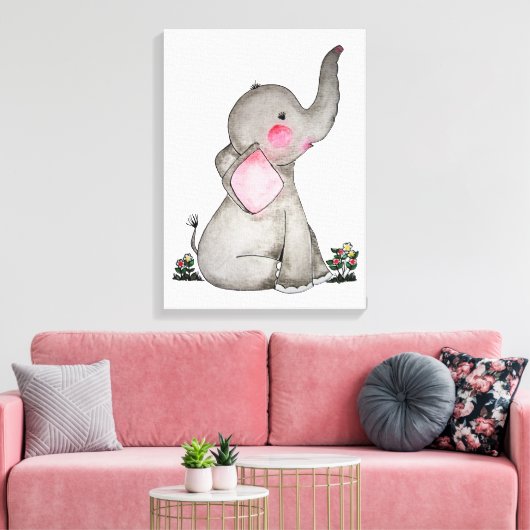 Waterverf Kute Baby Lephant met blozen en bloemen Canvas Afdruk (Insitu (Woonkamer))