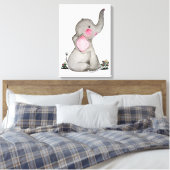 Waterverf Kute Baby Lephant met blozen en bloemen Canvas Afdruk (Insitu (Slaapkamer))